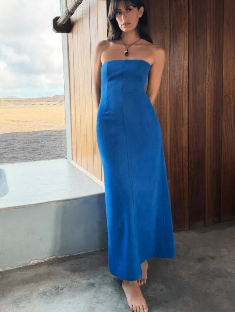 Zara Faux Suede Stretch Midi Long Dress With Remoble Strap Sz-S
